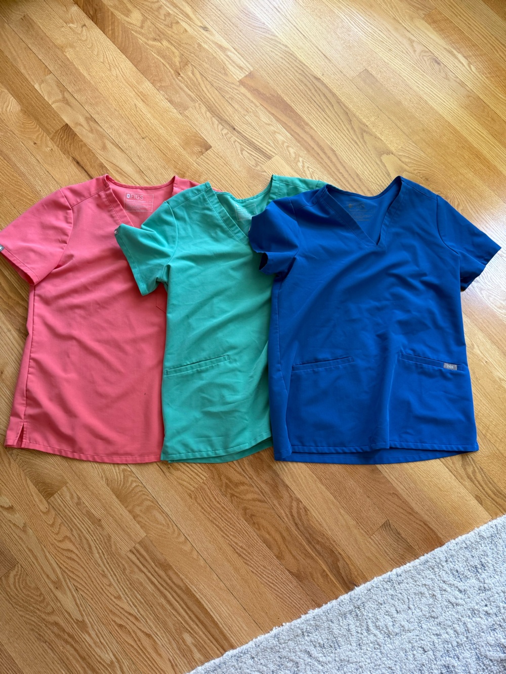 FIGS Women's Scrub Tops in Coral, Teal, and Royal Blue all size small